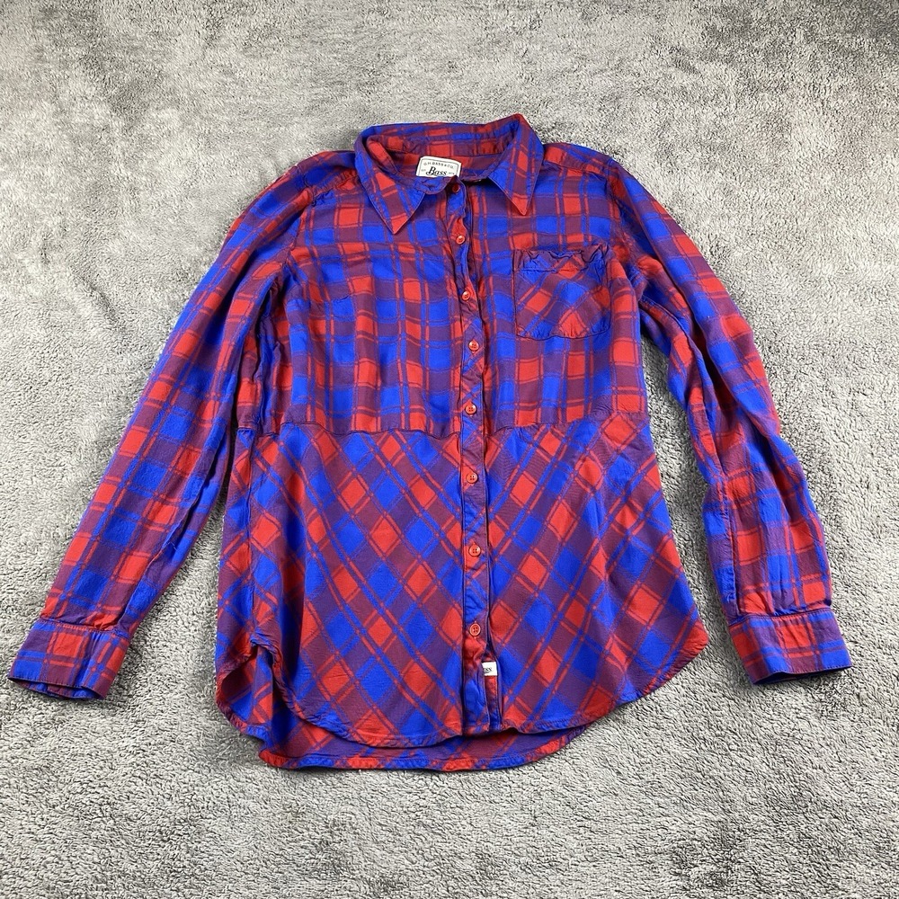 GH Bass Co Flannel Button Shirt Kids Medium Blue‎ Red Plaid Long Sleeve